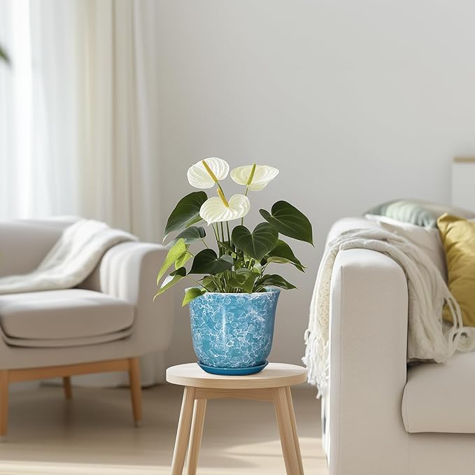 Ceramic Pots for Plants - 5.6 Inch Plant Pot with Drainage Hole and Saucer, Round Succulent Flower Orchid Pot for Indoor Outdoor, Modern Planter, Home Room Decor, Gift for Plant Lover, Blue