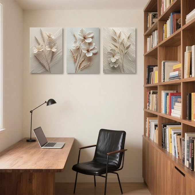 TUEASKY 3 Piece Neutral Floral Canvas Wall Art Beige Flower Wall Art Vintage Botanical Decor Modern Minimalist Prints for Bedroom Living Room Office Home Decoration 16x24in Framed