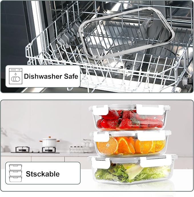 VERONES 10 Pack 22 OZ Glass Meal Prep Containers, Airtight Glass Lunch Containers Set, Food Storage Containers with Lids,BPA Free, for Microwave, Oven, Freezer & Dishwasher Friendly,White