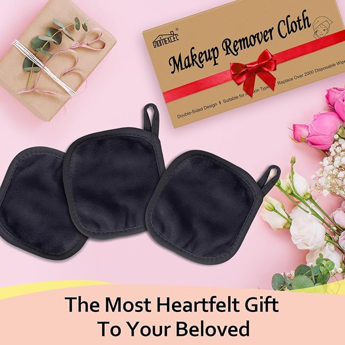 HOMEXCEL Makeup Remover Cloth 12 Count (Pack of 1), Reusable Makeup Remover Pads, Washable Ultra Soft Facial Cleansing Cloths For All Skin Types, 5 X 5 In, Black