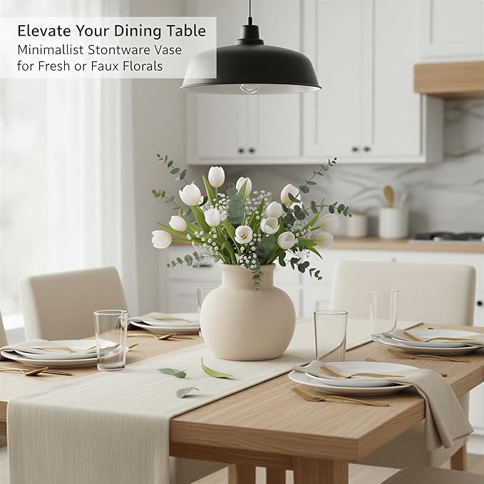 5.5-Inch Off-White Ceramic Flower Vase, Rustic Farmhouse Boho Pottery Decor for Living Room, Table Centerpiece, Mantel & Shelf