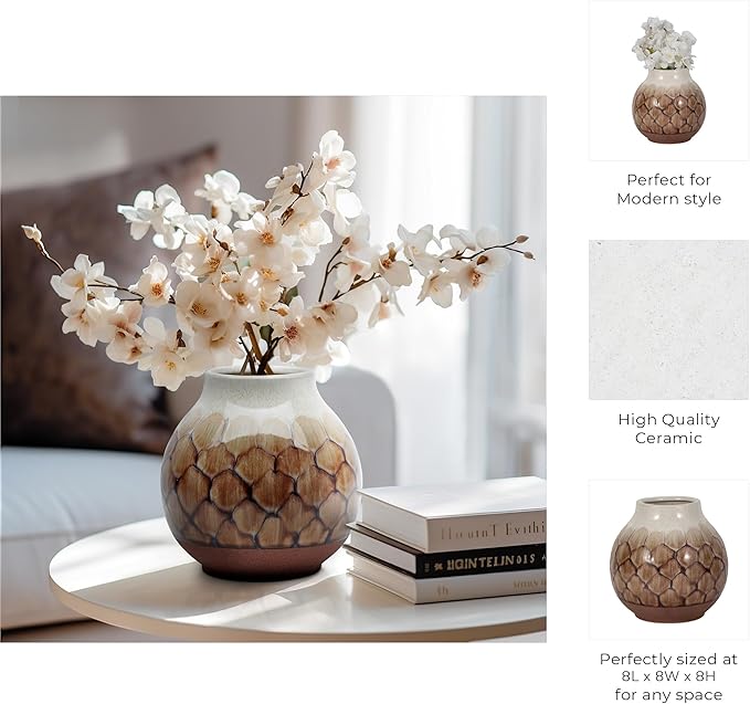 Ceramic Vase for Living Room Decor – Perfect for Modern Room and Home Decor – Stylish Flower Vase for Bedroom, House, Office, and Table Accent – Elegant Bookshelf Accessory – 8", Brown