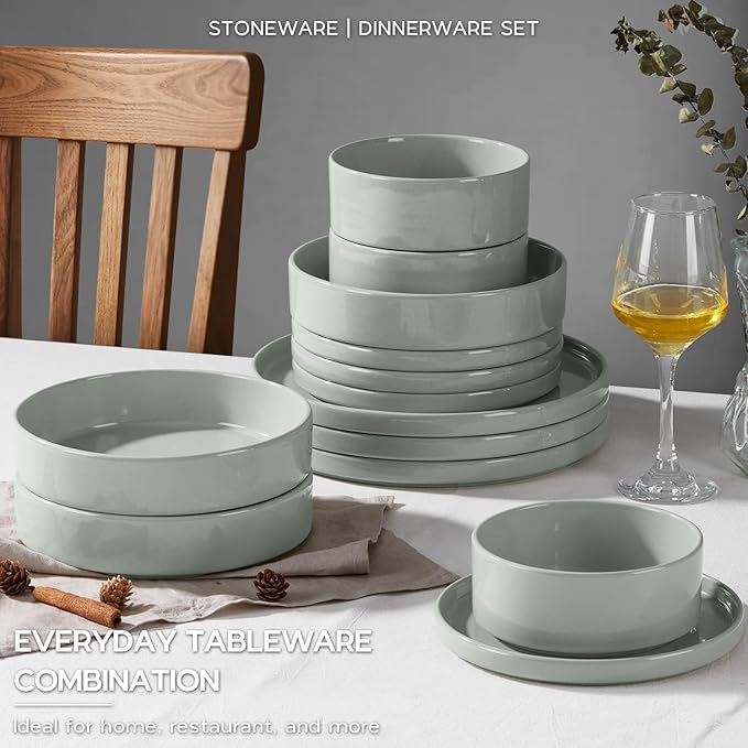 Onader Stoneware Dinnerware Sets, 8 Piece Plates and Bowls Dishes Sets for 2, Speckled Kitchen Dishware Dining Ware with Double Bowl – Pale Sage Green