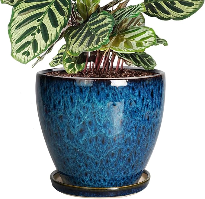 8 Inch Ceramic Planter Pot with Drainage Hole and Saucer, Ceraimc Plant Pot Round Flower Pot for Indoor Plants Outdoor Garden Planter, Blue