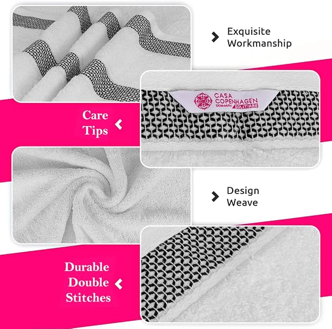 CASA COPENHAGEN Solitaire Mix 6 Pieces Towel Set- White + Grey Violet, 600 GSM 2Bath Towel 2Hand Towel 2Washcloth, Designed in Denmark Made of Soft Egyptian Cotton for Bathroom, Kitchen & Shower