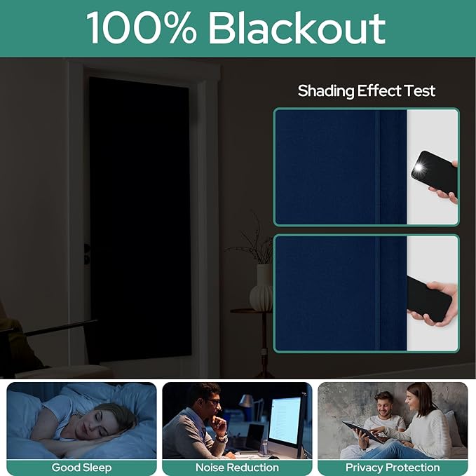 HOMEIDEAS 100% Linen Blackout French Door Curtains, Privacy Door Window Curtains, 26 X 68 Inch Room Darkening Blinds, Thermal Insulated Shades for Bedroom, 1 Panel, Navy