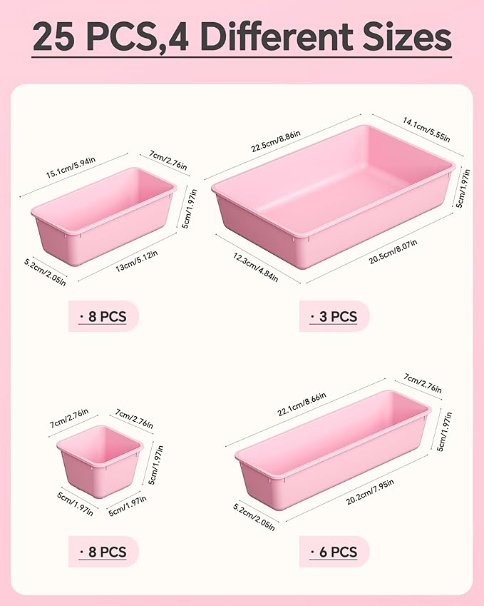 25 PCS Plastic Drawer Organizers Set, 4 Sizes Vanity Organizer, Makeup and Desk Drawer Organizer Trays, Organization and Storage for Makeup, Bathroom, Kitchen Utensils and Office (Pink)