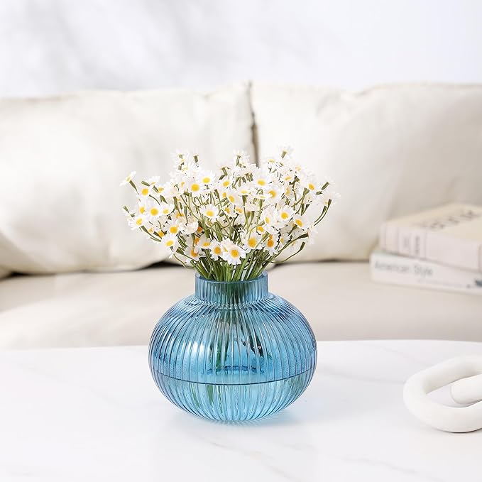 Blue Glass Vase for Tulips, Ribbed Glass Vase for Flowers, Round Flower Vases, Small Short Vases for Living Room, Office, Coffee Table, Shelf, Wedding, 6 Inches