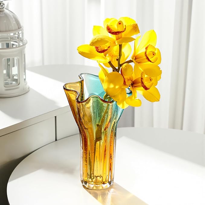 8.5" Blown Glass Vase for Flowers, Modern Ombre Glass Vase for Home Decor, Flower Vases Decorative | Table Centerpiece, Olive Plant, Wedding, Living Room, Bookshelf, Office, Entryway