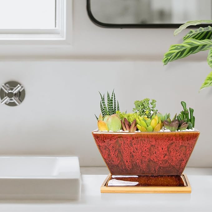 ARTKETTY Succulent Pots - 7 Inch Large Plant Pot with Drainage, Shallow Ceramic Succulent Planters for Indoor Outdoor Plants, Modern Cactus Bonsai Plant Container Decorative Home Office