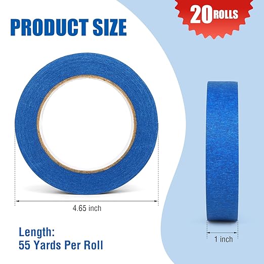 20 Rolls Blue Painters Tape Bulk Pack, Painter's Tape 1-inch × 55 yards, Multi-Surface Residue-Free Blue Masking Tape for Wall Painting, Artwork, Automotive and Packaging Labelling, Total 1100 Yards