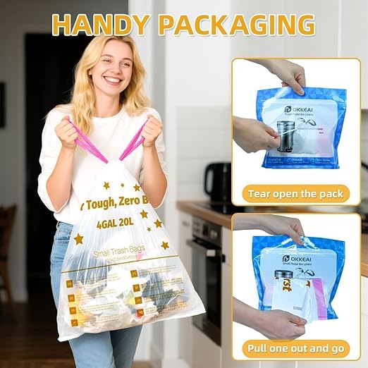 OKKEAI 4 Gallon Bathroom Trash Bags, Small White Drawstring Garbage Bags 60 Count – Heavy Duty Leak-Proof Tear-Free Wastebasket Liners with Safety Warning for Bathroom, Kitchen, Bedroom, Office
