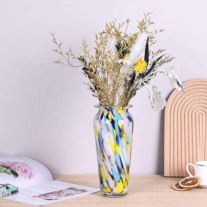 Blown Glass Colorful vase, Colorful Home Decorations, Modern Art Wide Mouth vase for Living Room Dining Coffee Table entryway TV Cabinet Bedside Table Centerpiece.