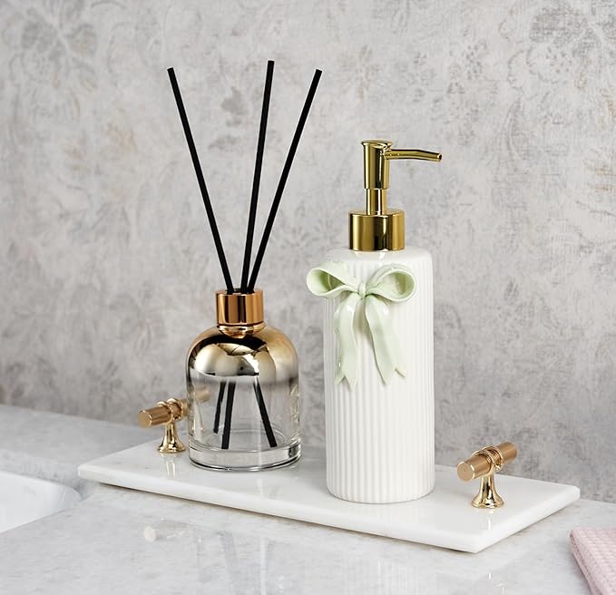 Handmade Ceramic Bow Soap Pump Dispenser Hand Lotion Liquid Dispenser Refillable for Kitchen and Bathroom Decorative (Ribbon Green)