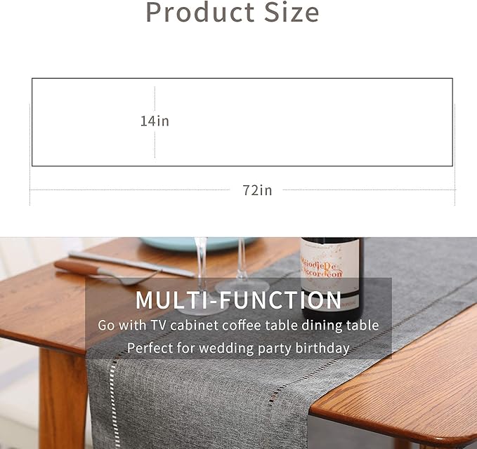 Tosewever Decorative Linen Table Runner Farmhouse Style Tabletop Collection 14 x 72 Inches Table Runners for Everyday Dining Wedding Party Holiday Home Decor (14" x 72", Grey/Straight)