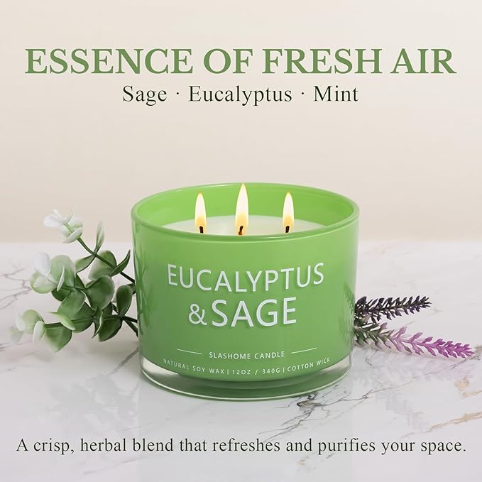 Sage & Eucalyptus Candle, Large 3 Wick 12oz Soy Candle for Home Scented, Luxury Elegant Jar Candle Gift for Women & Men, Long-Lasting Non-Toxic Burn 60+ Hours, Home Decor