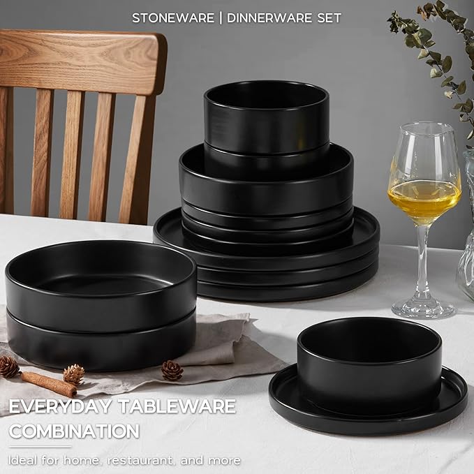 Onader 24 Piece Stoneware Dinnerware Sets with Pasta Bowls, Kitchen Dinner Dishes Set for 6, Plates and Bowls Dishware Dining Ware - Ebony Black