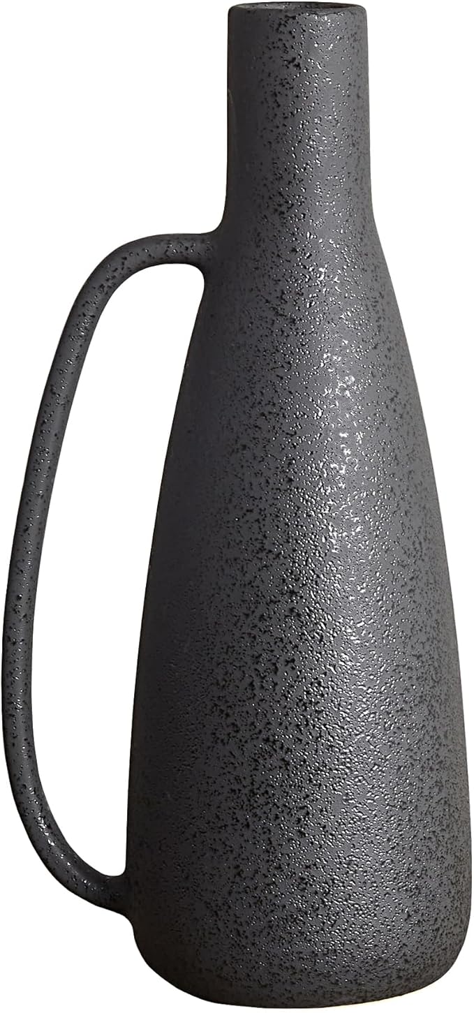 BlossoME Black Vases Home Decor, 13 Inch Tall with Handle, Matte Rustic Pottery Table Vessel, Large Jug Centerpiece, Living Room Modern Decor