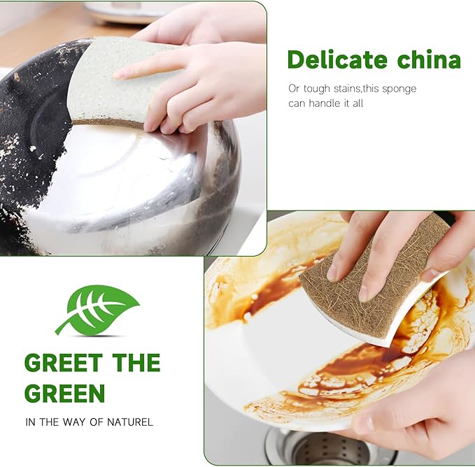 10 Pack Biodegradable Natural Sponges Kitchen - Compostable Cellulose and Coconut Walnut Scrubber Sponge - Non Scratch Eco Friendly Quick Drying Sponges for Dishes