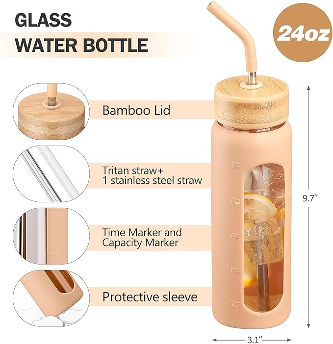 24oz Glass Water Bottle with Straw and 2 Lids-Bamboo and Spout Lid, Borosilicate Glass Water Bottle with Silicone Sleeve and Time Marker,BPA Free & Cupholder Friendly,Amber