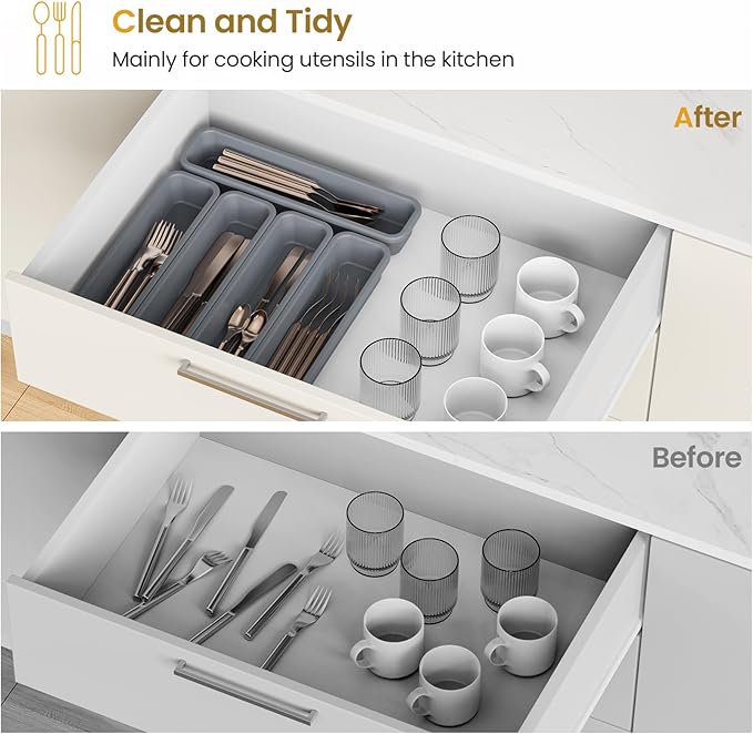 5 Pack Silicone Drawer Organizer for Kitchen, DIY Free Combination Silverware Organizer, Utensil Drawer Organizer, Moisture-proof and Heat-resistant up to 200°C, Anti-slip and Environmentally (Grey)