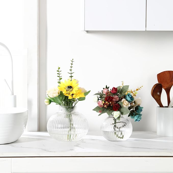 Round Glass Vases Set of 2, Flower Vases for Bouquet, Ribbed Glass Vase for Flowers, Small Clear Vase for Living Room, Office, Coffee Table, Shelf, Wedding