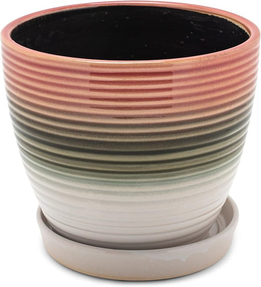 Napco Gradient Red, Brown, and Green 7.25 Inch Ceramic Flower Pot Planter with Saucer