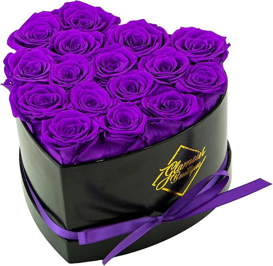 GLAMOUR BOUTIQUE 16 Flower Forever Heart Shape Box - Preserved Roses Gift for Her, Preserved Flowers, Purple
