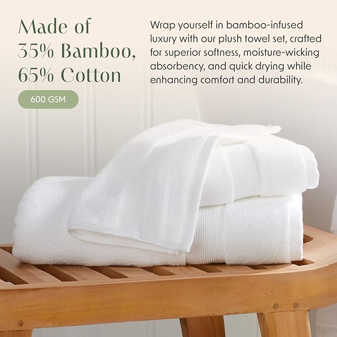 Springtree Home Luxury Bamboo Rayon Bath Towel Set of 4 | 35% Bamboo Rayon - 65% Zero Twist Cotton | Absorbent Quick-Dry Towels for Bathroom | Oeko-TEX Standard 100 Cotton | White - 4 Pack