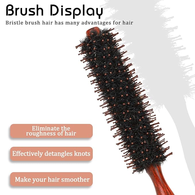Mozeat Lens Hair Brush, Small Round Boar Bristle Styling Brush with Nylon Pins and Wooden Handle, Volumizing Hair Brush for Straightening Curling Detangling, Travel Size