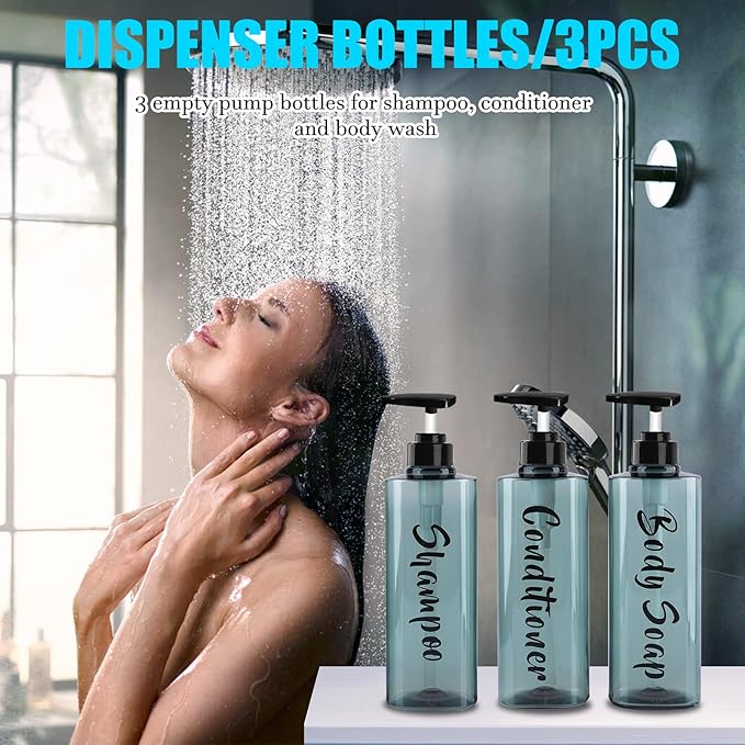 16.9oz Refillable Shower Soap Dispenser with Pump - 3 Chamber No Drill for Shampoo, Conditioner & Body Wash, Blue Clear Plastic Bottle Dispenser, Bathroom Organizer with 6 Waterproof Labels