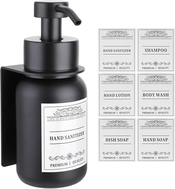 Black Soap Dispenser Wall Mount for Bathroom - 8.5 Oz Glass Hand Soap Dispenser with Pump and Drill-Free Wall Mount Holders, Shower Soap Dispenser with Waterproof Labels