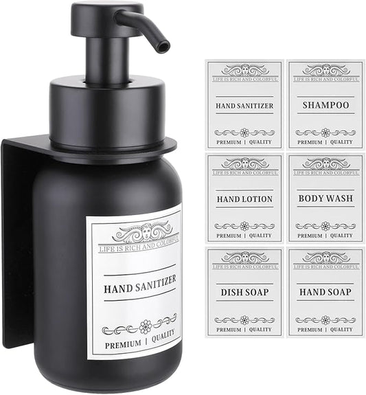 Black Soap Dispenser Wall Mount for Bathroom - 8.5 Oz Glass Hand Soap Dispenser with Pump and Drill-Free Wall Mount Holders, Shower Soap Dispenser with Waterproof Labels