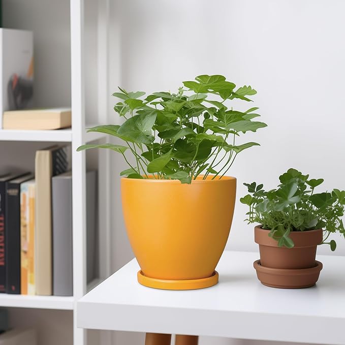 6.8 Inch Plant Pot - Ceramic Planter with Drainage Hole and Saucer, Modern Round Flower Pot, Planters for Indoor Plants, Home Garden Decor, Orange