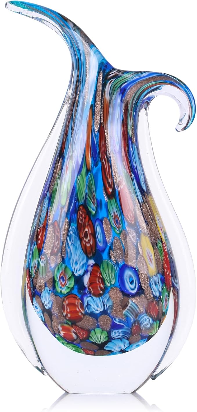 Hand Blown Glass Vase for Centerpiece, Murano Style Table Decoration, Blue Blown Art Glass Ellipse Flower Vase, Single Stem Beautiful Decor for Home, Beachy Room Decor for Home Shelf