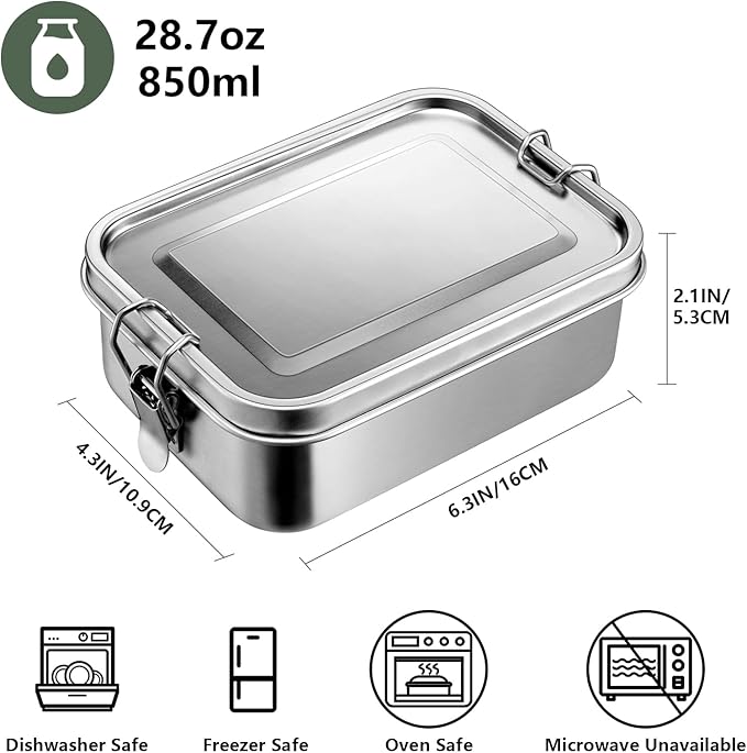 Leonyo 28oz Bento Box, 18/10 Stainless Steel Bento Lunch Box with 2 Dividers, 850ml Small Leak-Proof Food Snack Containers for Sandwich, Dishwasher Safe, Oven Safe Except for Lid