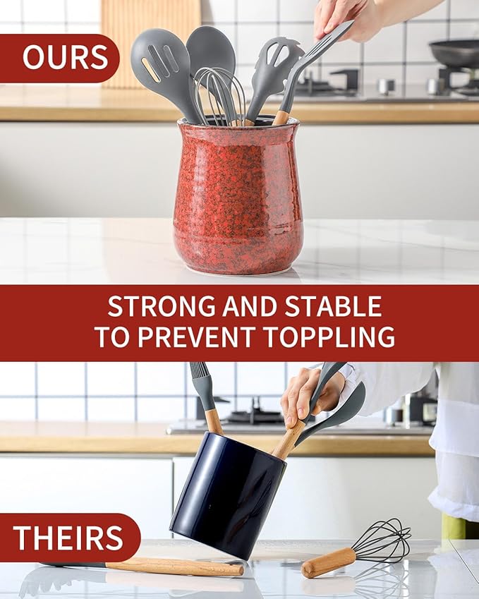 Hasense Kitchen Utensil Holder for Countertop, 7.1” Large Ceramic Utensil Crock, Utensil Caddy, Utensil Organizer and Rustic Table Decor for Spatulas, Red