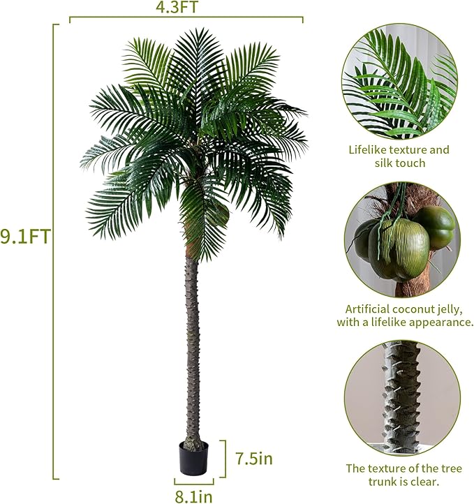 9.1FT Artificial Phoenix Palm Tree with Coconut Fruit Outdoor Indoor Decor Large Faux Coconut Silk Palm Tree Tropical Fake Tree Large Faux Sago Palm Plant for Home Yard Outside Patio Poolside