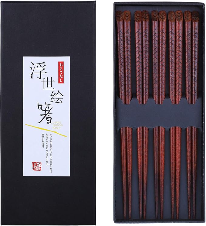 Antner 5 Pairs Hardwood Chopsticks Japanese Style Reusable Hand-Carved Chopsticks Natural Wood Chop Sticks with Gift Box, Dishwasher Safe