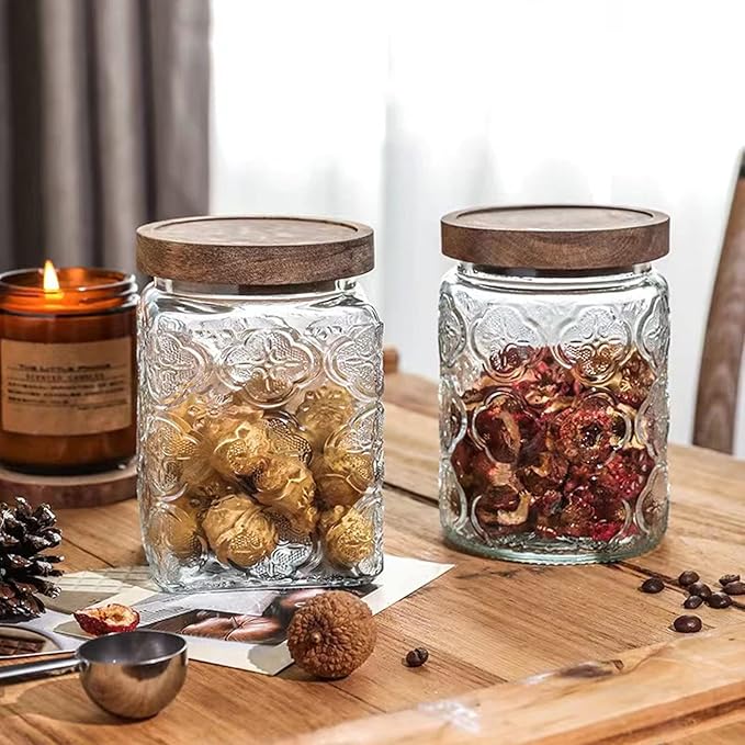 Snminetal Vintage Glass Airtight Storage Jar Set of 2, With Airtight Wood Lid, Kitchen Food Storage Containers,Suitable for storage Tea leaves,Coffee Beans,dried fruits, cereals, etc(Plum pattern)