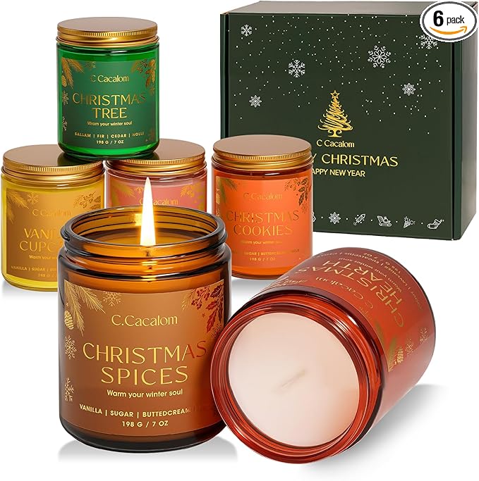 6Pack Christmas Soy Candles Gift Set Non-Toxic Aromatherapy Scented Candles for Holiday Gifts, Luxury Decorative Candle, Vinilla/Lavender/Pine/Cookies/Apple/Cupcake Jar Candle, Winter Candle Set