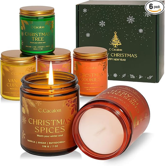 6Pack Christmas Soy Candles Gift Set Non-Toxic Aromatherapy Scented Candles for Holiday Gifts, Luxury Decorative Candle, Vinilla/Lavender/Pine/Cookies/Apple/Cupcake Jar Candle, Winter Candle Set