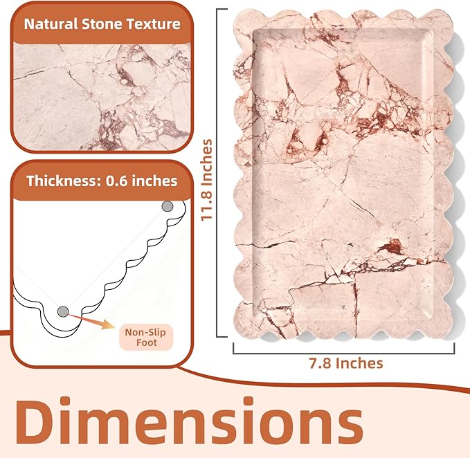 Yew & Tulip Natural Marble Vanity Tray with Scalloped Rim, Nature Rose Pink Luxury Stone Serving Tray for Bathroom, Kitchen, Vanity, Home Decor, Wedding etc. (12"x 8" x 0.6")