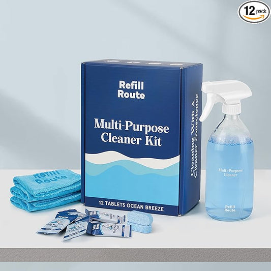 Multi-surface Cleaner Kit, Bathroom Cleaner Spray Tablets & Spray Bottle All Purpose Cleaner, 12 Tablets Multipurpose Cleaner Refills with Reusable Glass Bottle, Plant Based - Ocean Breeze