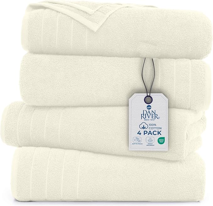 DAN RIVER Bath Towels Set of 4, 30 x 60 Inches, 100% Cotton, Larger & Lighter Weight, Quicker to Dry, Super Soft and Absorbent, Ideal Hotel Towels for Daily Use, Ivory