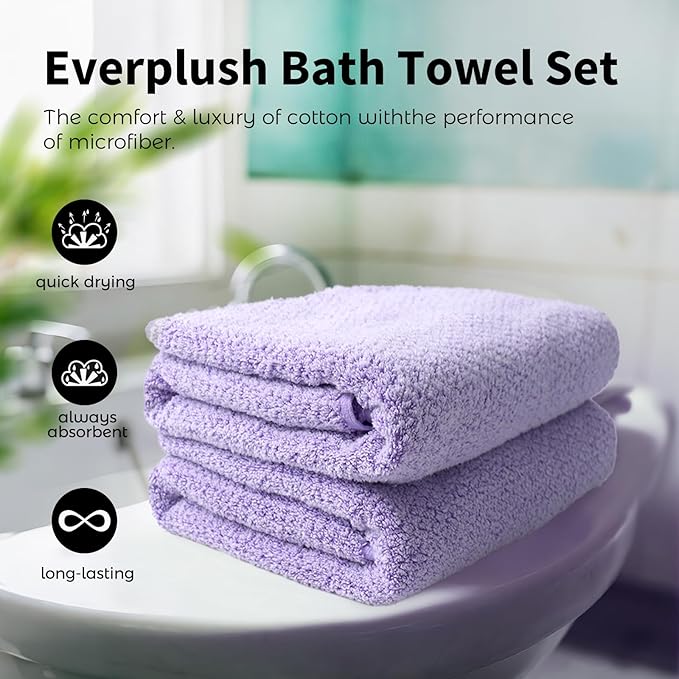 Everplush Diamond Collection Oversized Bath Towel – 2 Pieces, Super Soft & Highly Absorbent, Quick-Drying & Extra Large. Perfect for Bathroom, Pool, Swimming Use(Lavender, 30" x 56" 2PK)