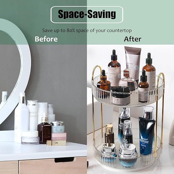 Rotating Makeup Organizer Countertop 2 Tier Lazy Susan Trays Clear Skincare Perfume Storage for Bathroom Counter Vanity, Transparent