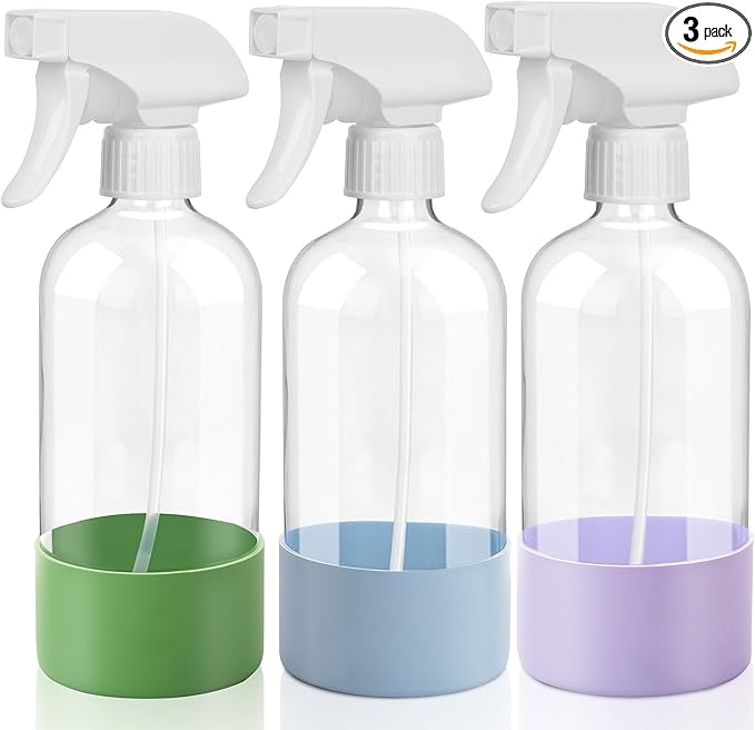 UUJOLY Plastic Spray Bottle Trigger Empty Spray Bottles Clear Refillable Container for Water, Essential Oils, Hair, Cleaning Products, Adjustable Head Sprayer and Stream, Green + Light Blue + Purple