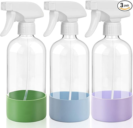 UUJOLY Plastic Spray Bottle Trigger Empty Spray Bottles Clear Refillable Container for Water, Essential Oils, Hair, Cleaning Products, Adjustable Head Sprayer and Stream, Green + Light Blue + Purple