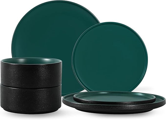 GZG Classic Series - Plates and Bowls Set for 2, 6 Piece Stoneware Dinnerware Sets, Microwave and Dishwasher Safe Lead-Free Handcrafted Ceramic Dishes Set - Malachite Green